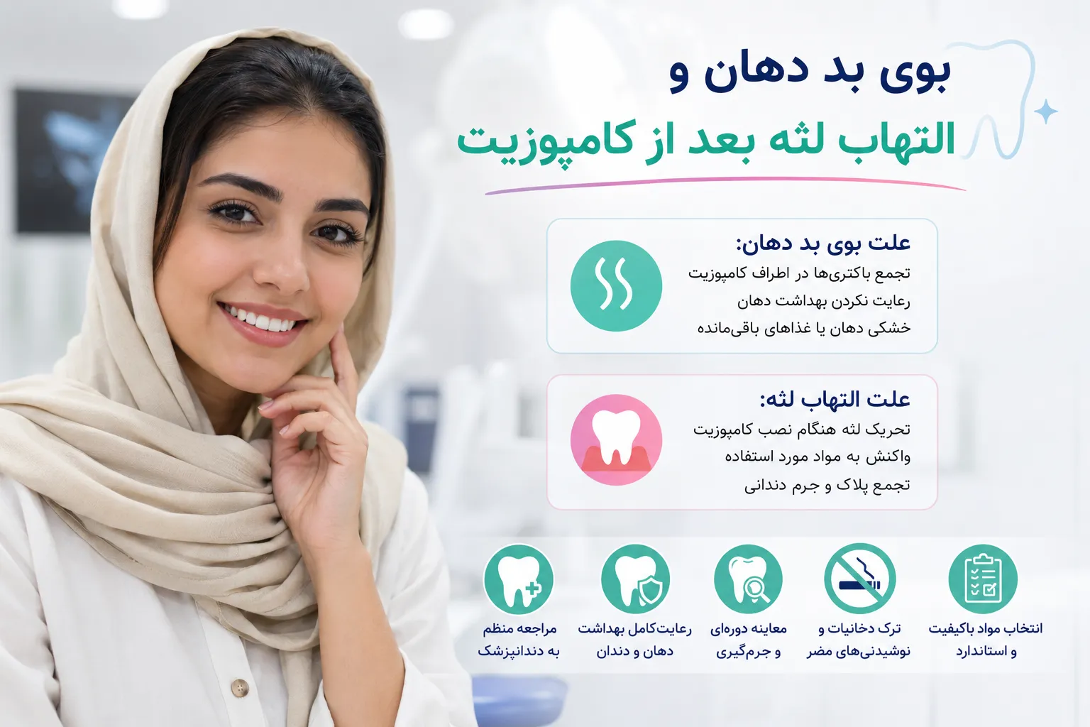 آیا بوی بد دهان و التهاب لثه از عوارض کامپوزیت است؟ (علل و راه‌های پیشگیری) بوی بد دهان و التهاب لثه بعد از کامپوزیت معمولاً نشانه رعایت نکردن بهداشت یا اجرای غیر اصولی درمان است نه خود کامپوزیت و با مراقبت درست به‌راحتی قابل پیشگیری است.