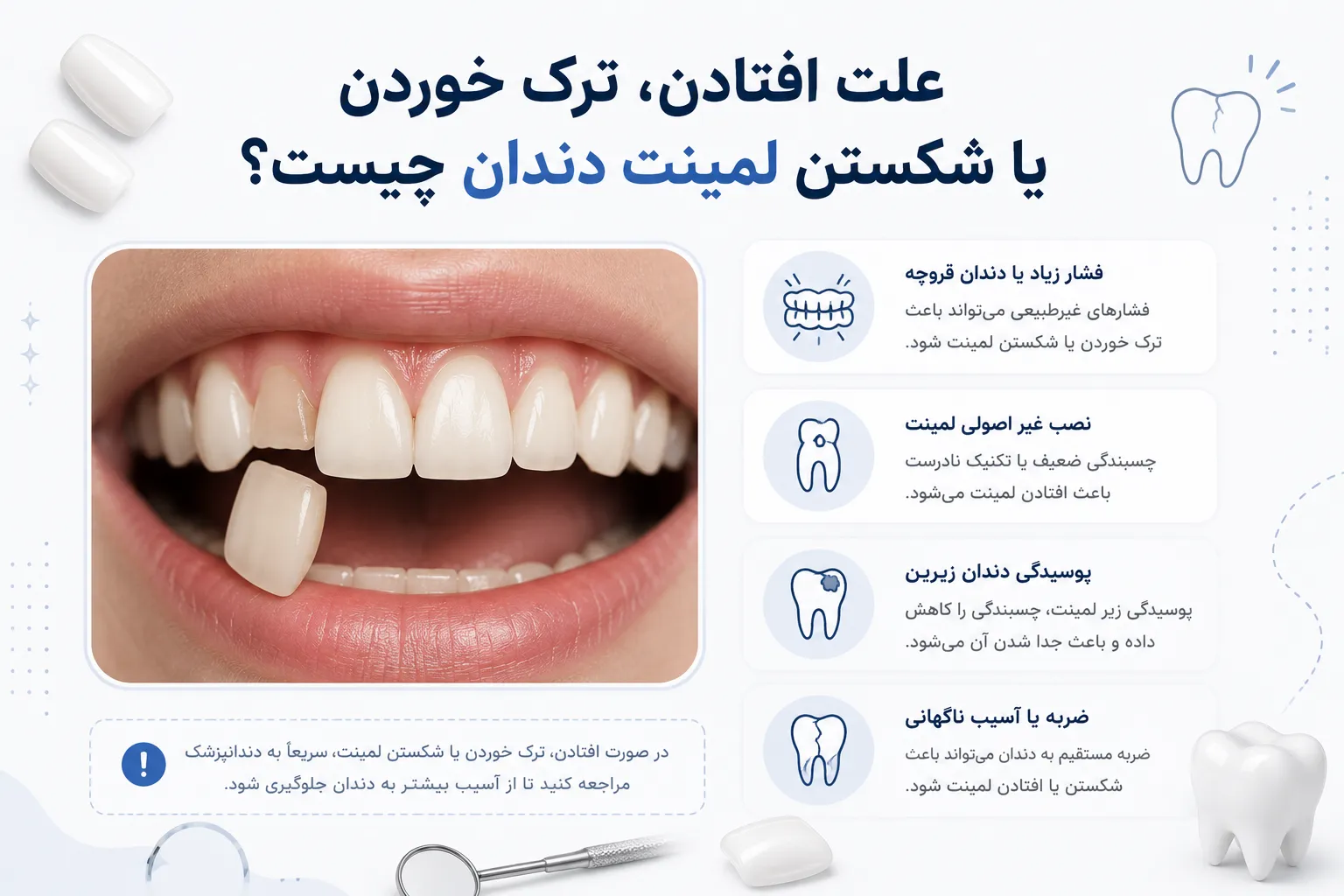 دلایل آسیب و جدا شدن لمینت دندان چیست ؟ افتادن یا شکستن لمینت دندان می تواند به دلیل فشار زیاد دندان قروچه نصب غیر اصولی یا پوسیدگی زیرین رخ دهد و رسیدگی سریع از آسیب بیشتر جلوگیری می کند.